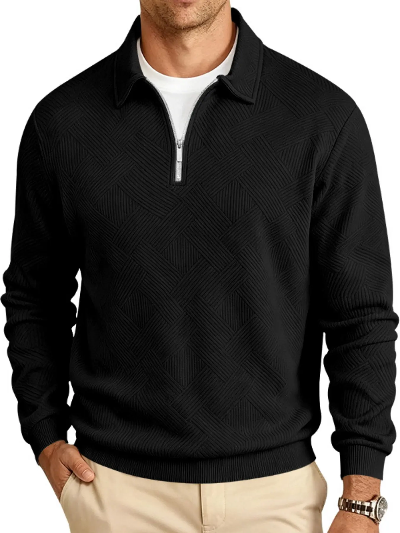 Men's knitted Textured jacquard lapel long-sleeved pullover in autumn/winter season. With a retro zipper half-button design, it is a casual and versatile fashion sweater suitable for daily wear and light business blouses.