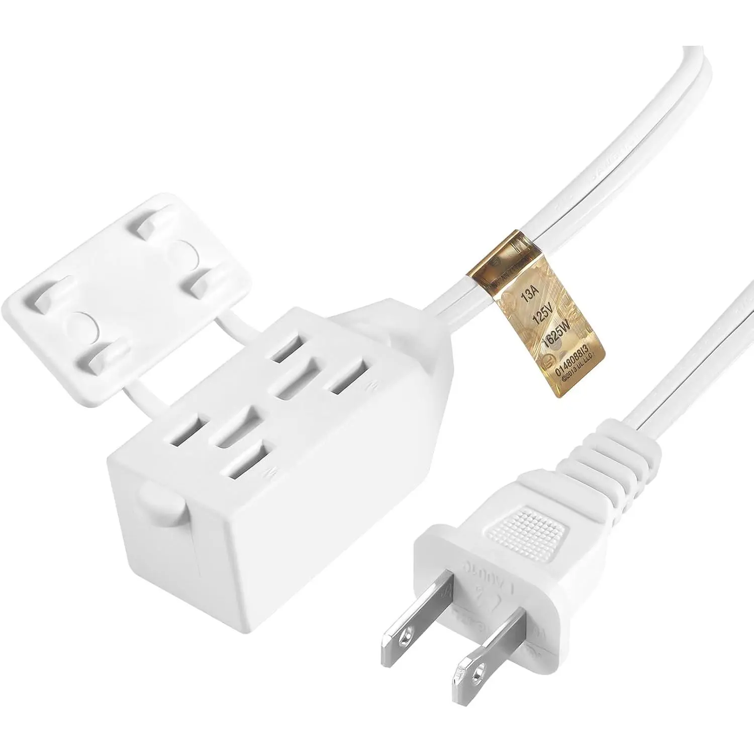 3-Outlet Extension Cord with Multiple Outlets, UL Listed SPT-2 16 AWG 2 Prong Extension Cord with Safety Cap Covers, NEMA 1-15P to NEMA 1-15R, 13 Amp, 1625 Watts, 1-Pack White (6FT)