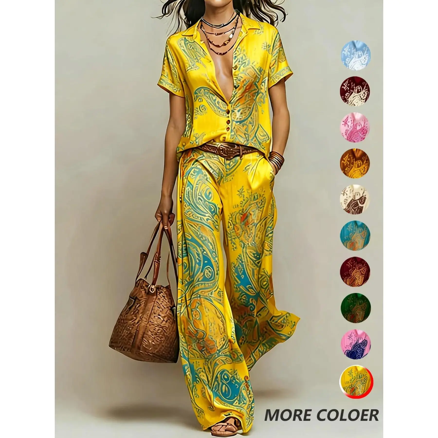 Women's 2-Piece Casual Chic Set - Collared Neck Random Print Shirt with Pocket Detail, Straight Leg Pants, Machine Washable, No Belt Included, Ideal for Vacation, Straight Legs
