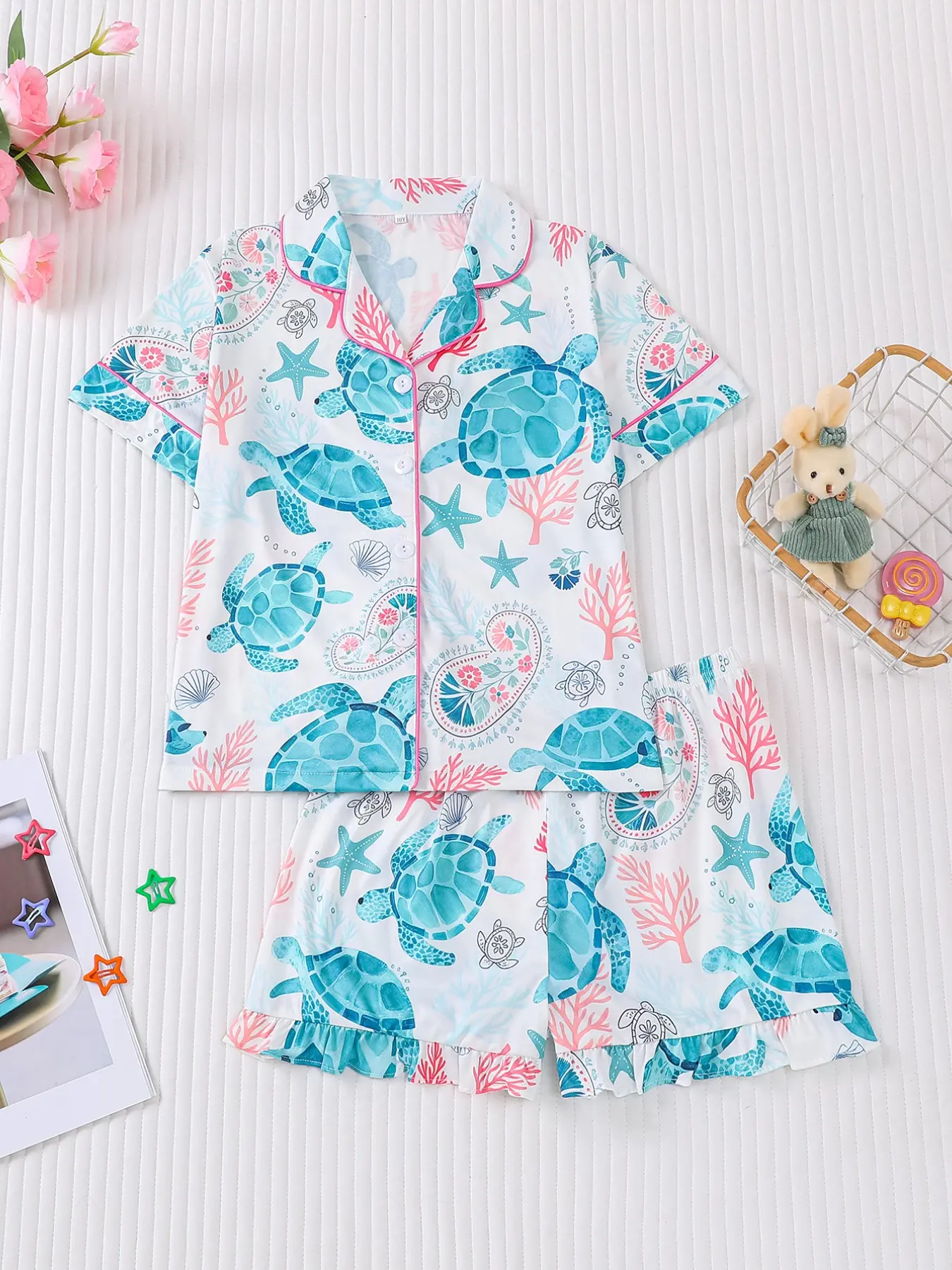 2-piece pajama set suitable for little girls, washable lapel cardigan, full printed ocean blue turtle pattern pajama, unisex, casual party style children's pajama set Summer Pjs
