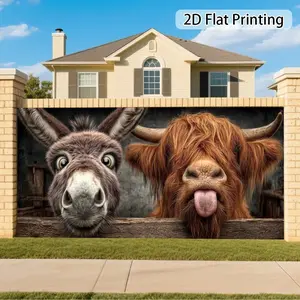 2D Flat Banner 1pc, Backdrop, Farm Animals Theme, Humorous Donkey and Highland Cow, Party Setup/Studio Photography/Commercial Space Decor/Event Exhibition, Polyester,