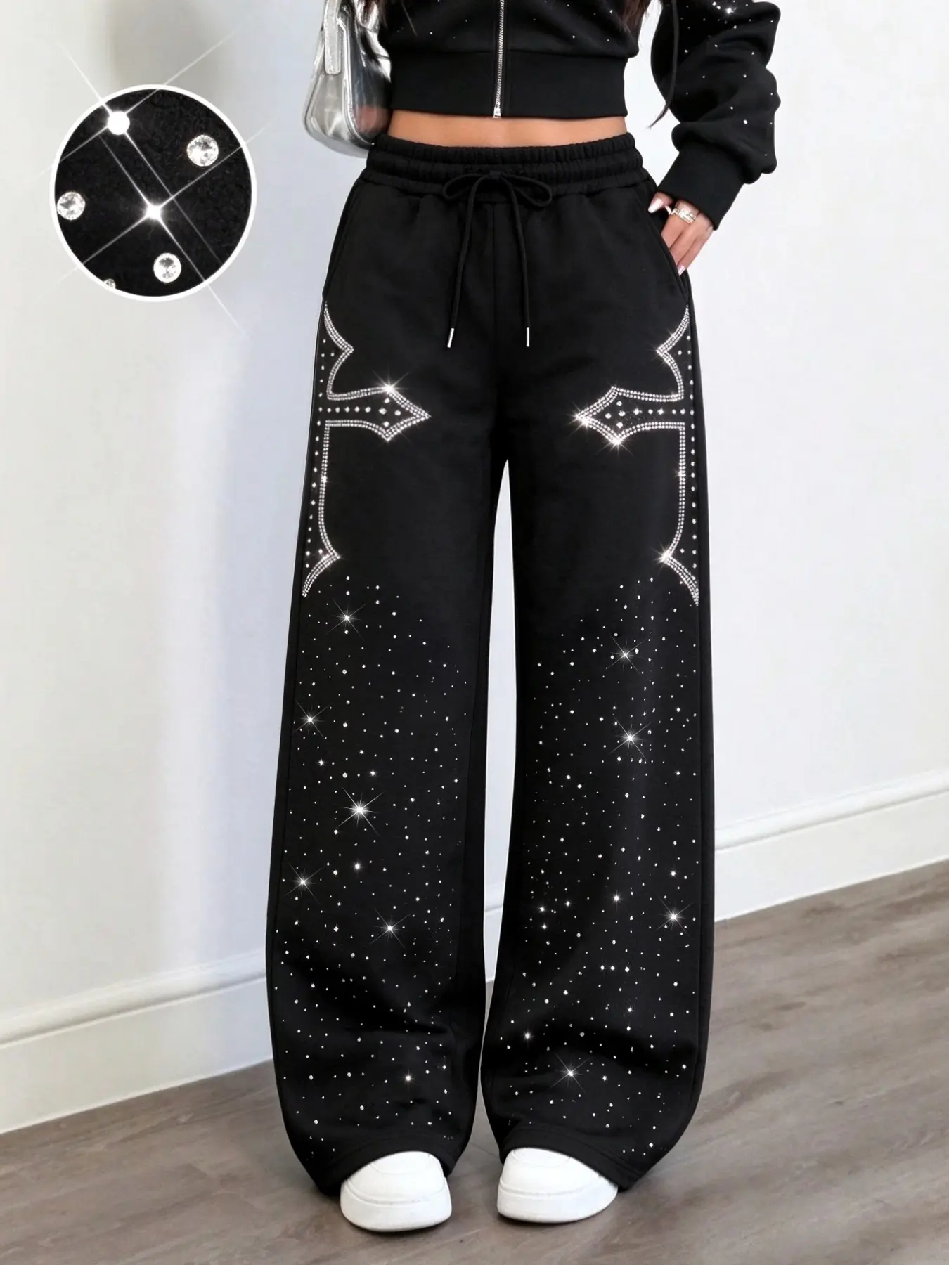 Women's Rhinestone Sports Pants, Sparkly Water Drill Drawstring Sweatpants, Street Style Wide Leg Casual Loose-Fitting H Type#Streetwear #WomensBottoms #SparklyOutfit