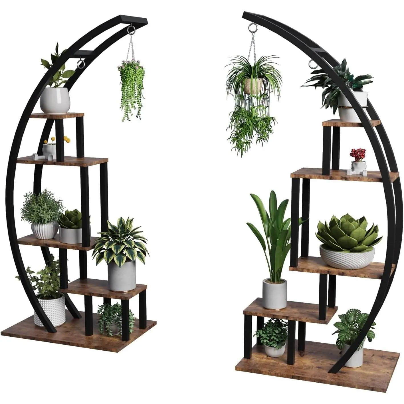 GARVEE5-Tier Half Moon Indoor Plant Stand - Metal Flower Shelf with Hanging Hooks for Indoor Gardening & Home Decor