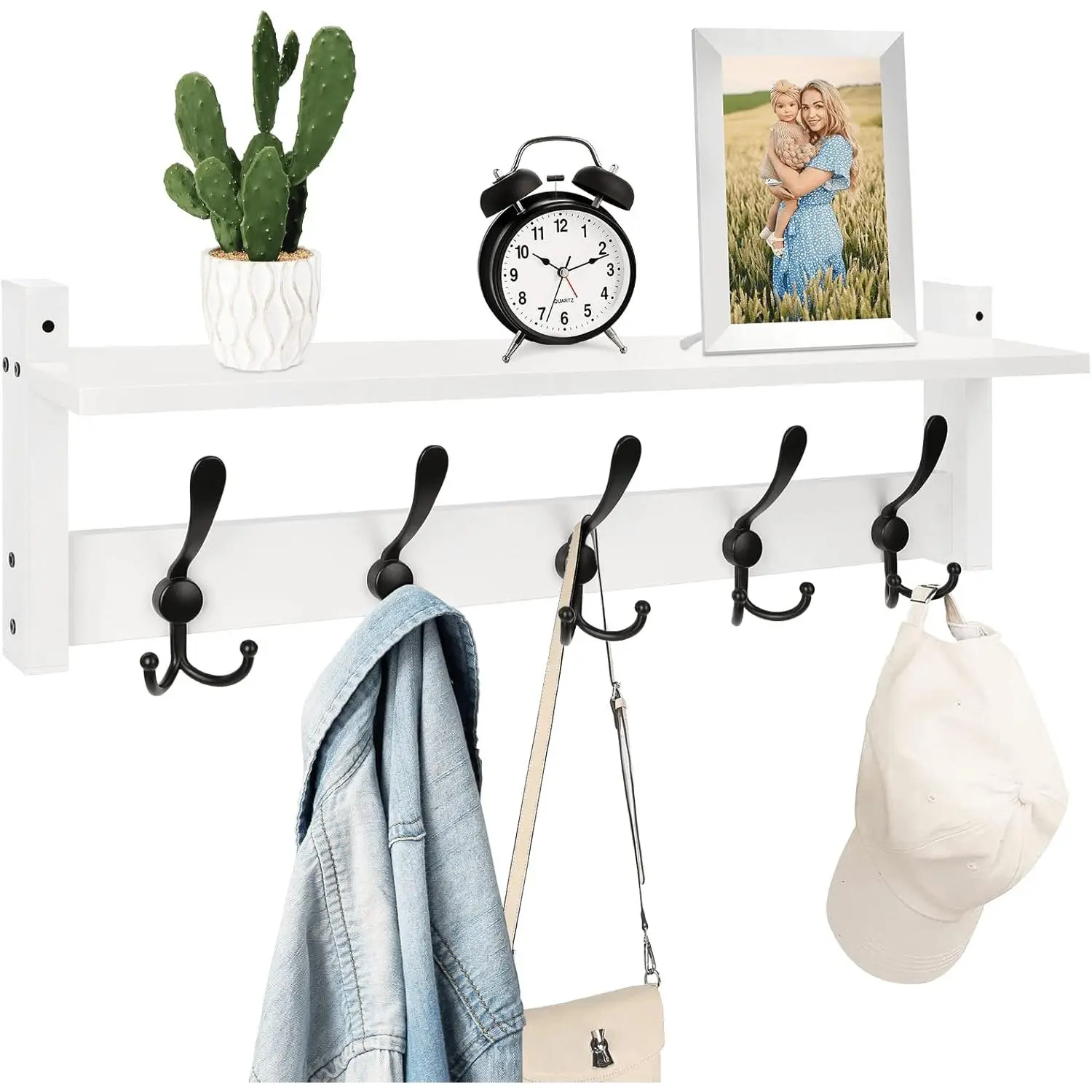 Homode 24-Inch Industrial Floating Wall Shelf with Tri Hooks, Photo-Mountable Farmhouse Decor for Entryway, Bathroom Storage & Coat Hanger