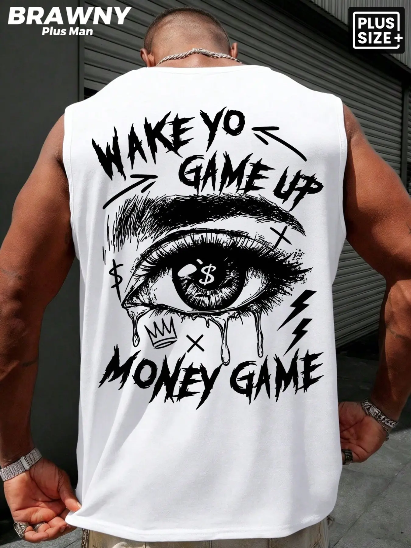 Plus Size Men's Streetwear Graphic Loose Tank Top, Sleeveless T-Shirt for Big & Tall Guys, Gym Workout Muscle Tee, Summer Casual Urban Style Top