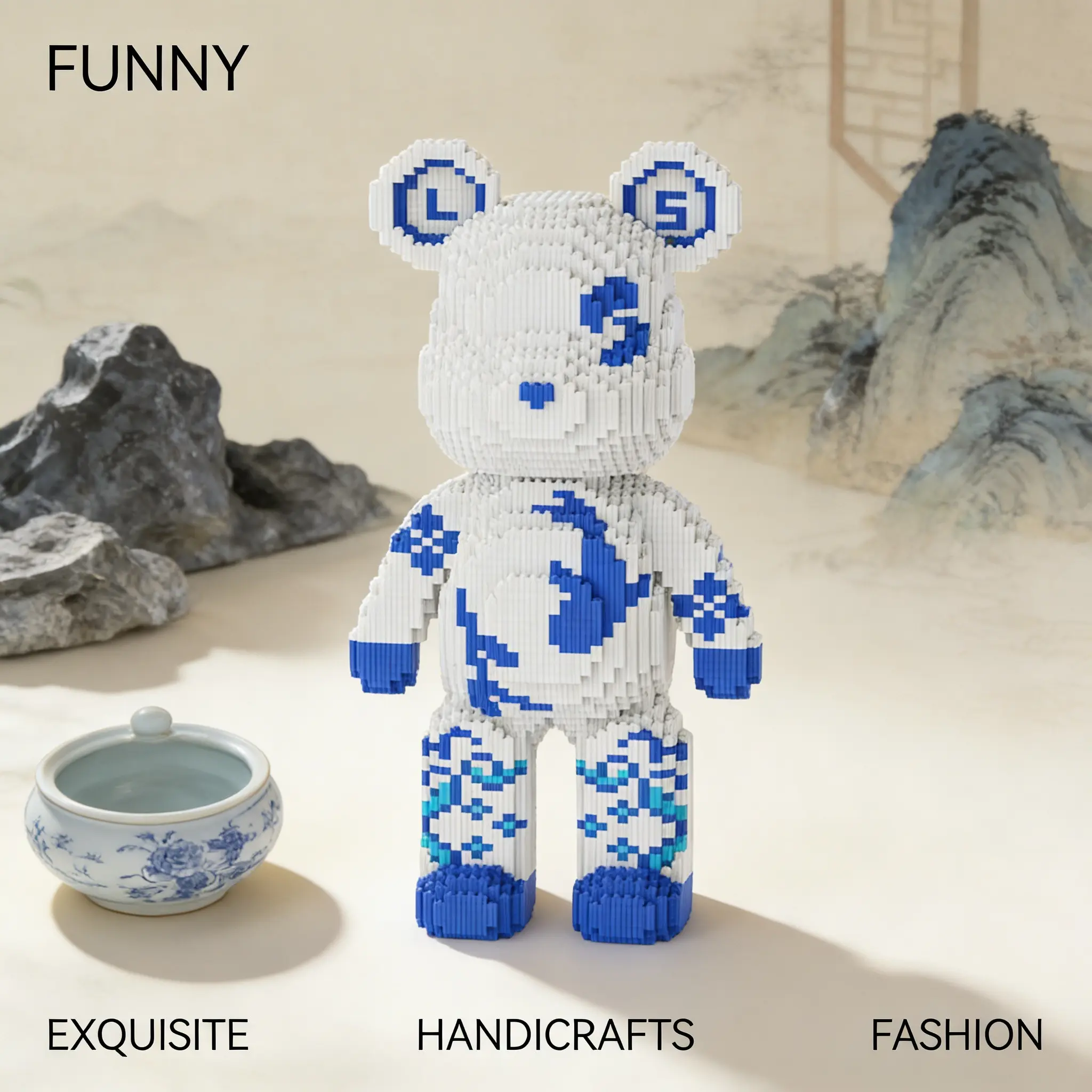 1548pcs Chinese Blue and Porcelain Bear Series Building Blocks, Creative Assembly Toy, Handmade DIY Decorative Craft, Block Set