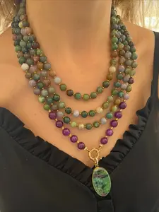 Vintage Multistrand Layered Natural Stone Pendant Necklace for Women