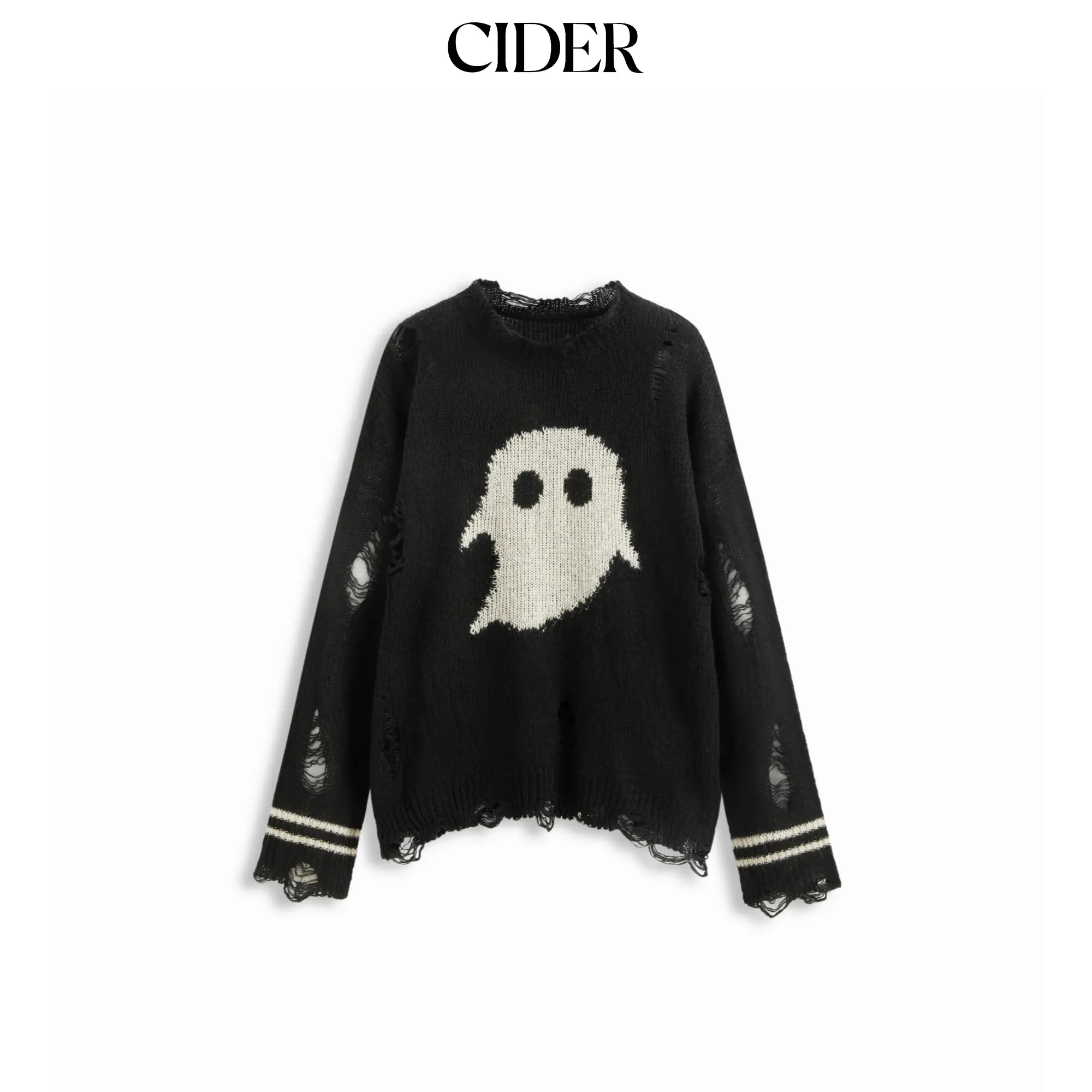 Cider Knit Ghost Pattern Stripe Ripped Oversized Top SummerFinds