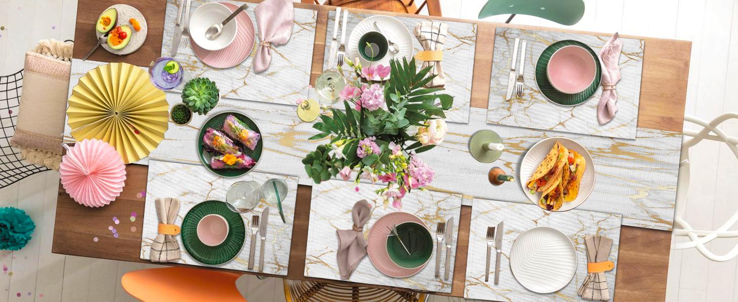 Luxury Gold Marble and Placemats Set of 6 Pieces, Gold Marble Placemats, Cloth Place Mats Indoor for,Washable for Dining Table