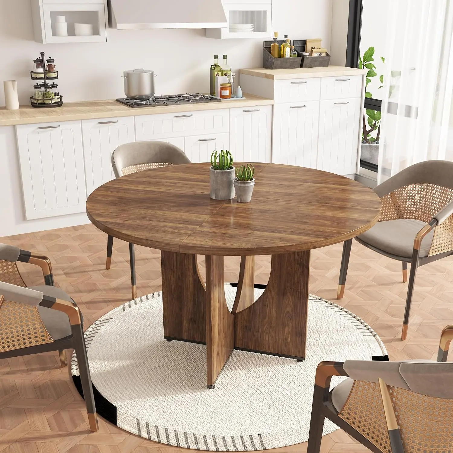 47 Inch Round Dining Table for 4-6 People, Modern Kitchen Table with Sturdy Pedestal Base and Adjustable Anti-Slip Feet, Farmhouse Wood Dinner Table, Waterproof Scratch-Resistant Circle Table for Dining Room, Living Room & Apartment Use