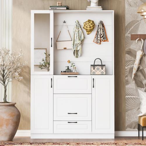 [Bellemave]VIBE HAUS 51.1/54.7'' Hall Tree with Integrated Shoe Cabinet and Mirrored Cabinet Door, Coat Hanger, Entryway Bench, 4-in-1 Design, 2 Flip Drawers, 4 Hooks and 2 Cabinets for Entrance,Living Room    RR