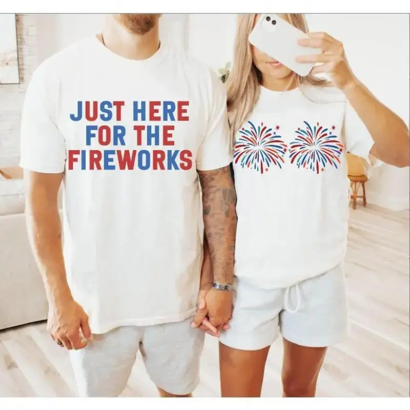 4th of July Couple Shirts, Just Here For The Fireworks Matching Tees, Funny Patriotic USA T-Shirts, Oversized Unisex Summer Outfit