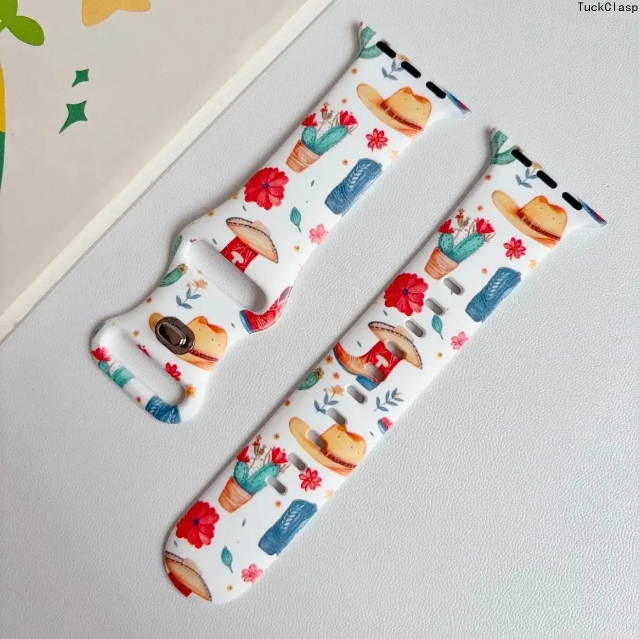 Western Cowboy Cactus Floral Printed Silicone Watch Band, Soft Breathable Boho Western Desert Sport Replacement Strap Compatible with Apple Watch Series 2 3 4 5 6 7 8 9 10 11, Fit 38/40/41/42/44/45/46/49mm, Fashion Wrist Accessory for Women & Girls