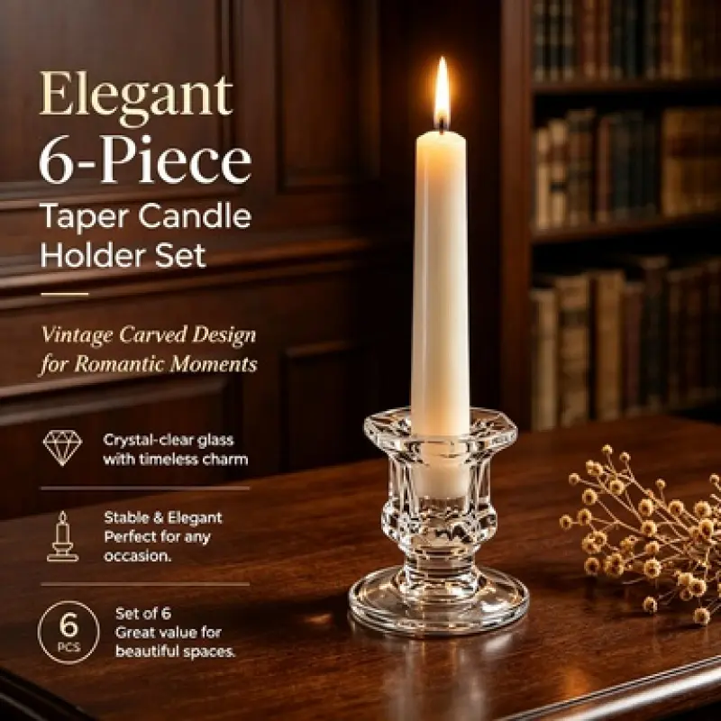 6 Pieces Crystal Transparent Embossed Glass Taper Candlestick Set, Smooth Stain-Resistant Surface, Ideal for Indoor Romantic Occasions, Restaurant Table and Home Entryway Decor