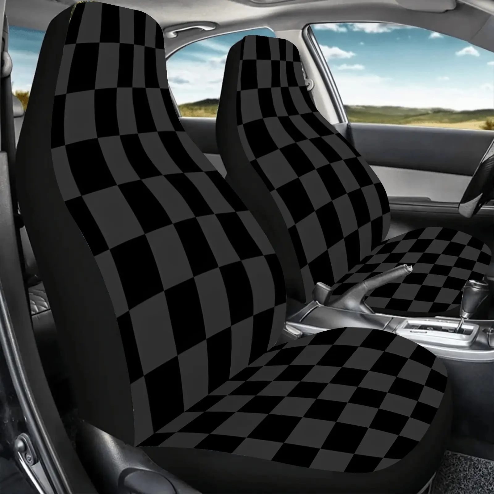2pcs Black-and-White Checkered Print Car Seat Covers- Fit for Cars, SUVs, Trucks, Soft Foam Padding, Durable Fabric Front Seat Protectors, Stylish Auto Interior Accessories(Unisex Design), Vehicle Seat Cover| Comfortable Cushioning, Seat Covers Fo