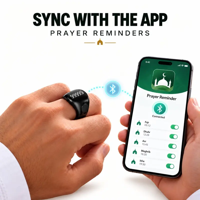 Smart Prayer Ring, Digital Prayer Counter, Prayer Bead Ring, Electronic Tasbih Counter, Tasbeeh Counter, Dhikr Counter, Touch Control, App Compatible with iOS and Android, 3 Replaceable Ring Sizes, Ramadan Eid Gift