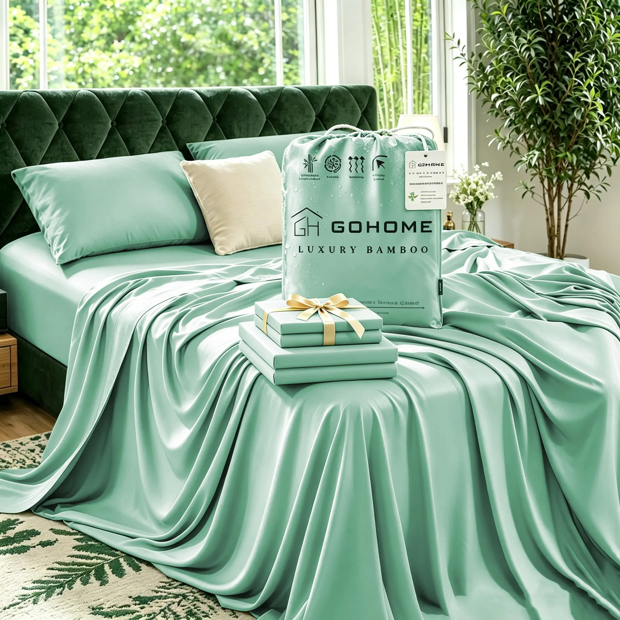 GOHOME Extra Deep Pocket Bamboo Sheets, 4 PCS Ultra-Soft Sheet Set - Rayon Derived from Bamboo - Ultra Cooling Children Sheets, Hotel Luxury Fitted Sheet Set, Soft Sheet & Pillowcase Sets, Queen Size Clearance, Include Random Color