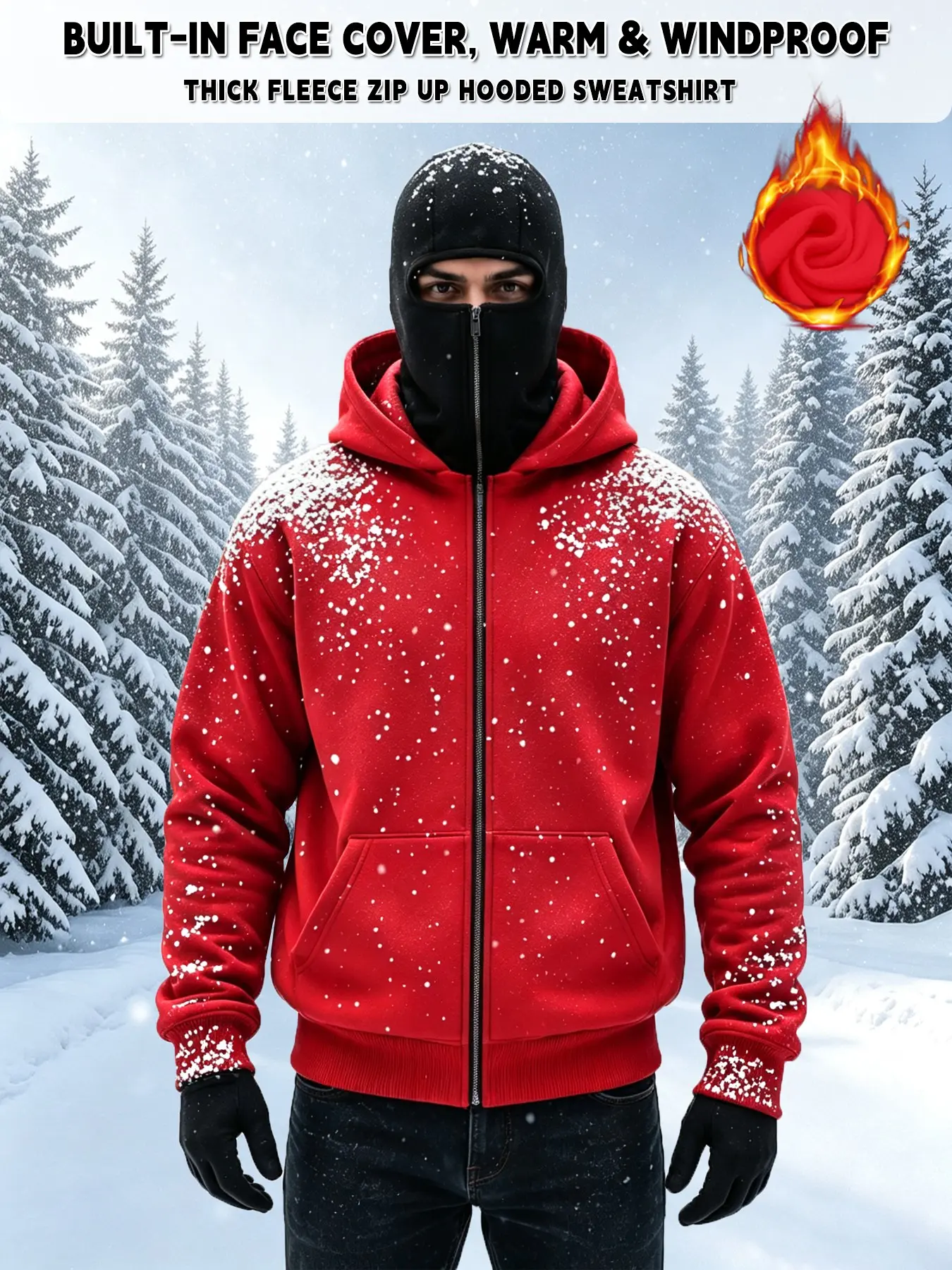 Men's Winter Hooded Zipper Sweatshirt, Thickened Fleece Windproof Cold-Resistant Mask Outerwear, Outdoor Skiing Cycling Hat Shirt