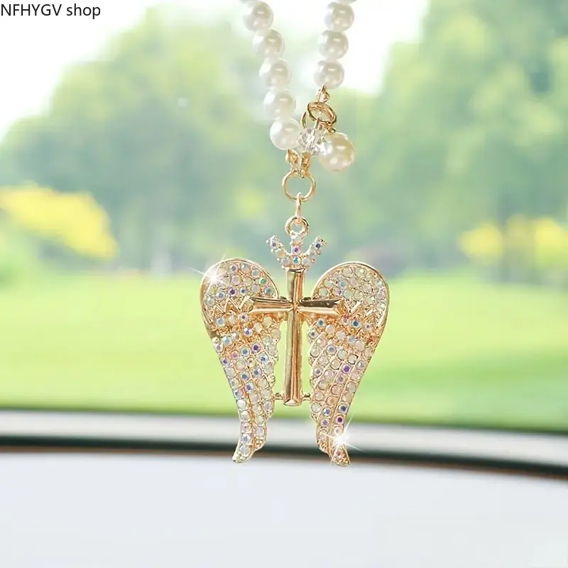 Car Accessory Hanging Ornament, Creative Diamond-Encrusted Crown Angel Car Charm With Exquisite Angel Wings, Sparkly Rearview Mirror Pendant, Elegant Decorative Accessory For All Vehicle Interior Daily Styling