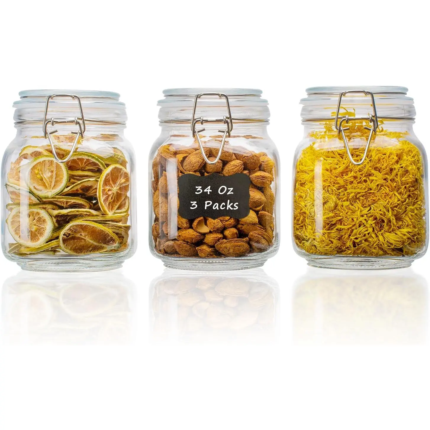 34oz Square Glass  Storage Jars with Airtight Clamp , 3 Pack Large Kitchen Canisters for Flour, Cereal, Coffee, Pasta and Canning, Mason Jar (Clear 34oz Square - 3 sets)