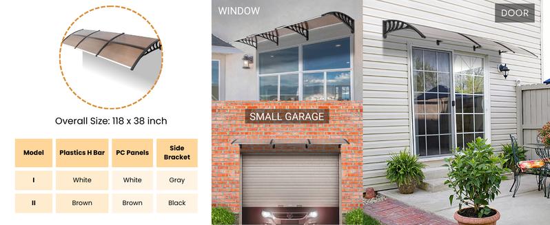 Outvita Window Awning Door Canopy, Polycarbonate Cover Front Door Outdoor Patio Awning Canopy UV Rain Snow Sunlight Protection Hollow Sheet, Brown Board & White Bracket