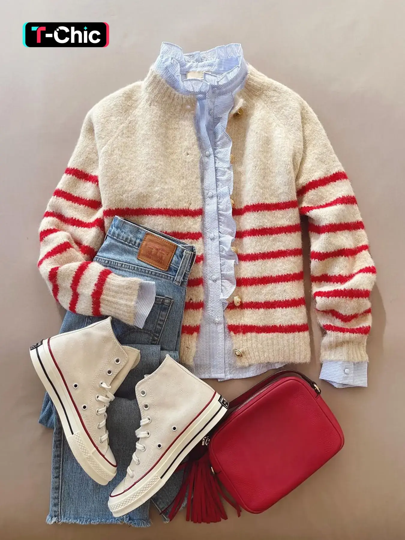 Women's Round Neck Contrast Stripe Single-Breasted Long Sleeve Fall/Winter Loose Simple Casual Fashion Colorblock Cardigan Knit Cardigan – Vintage Red & White Striped Sweater Coat