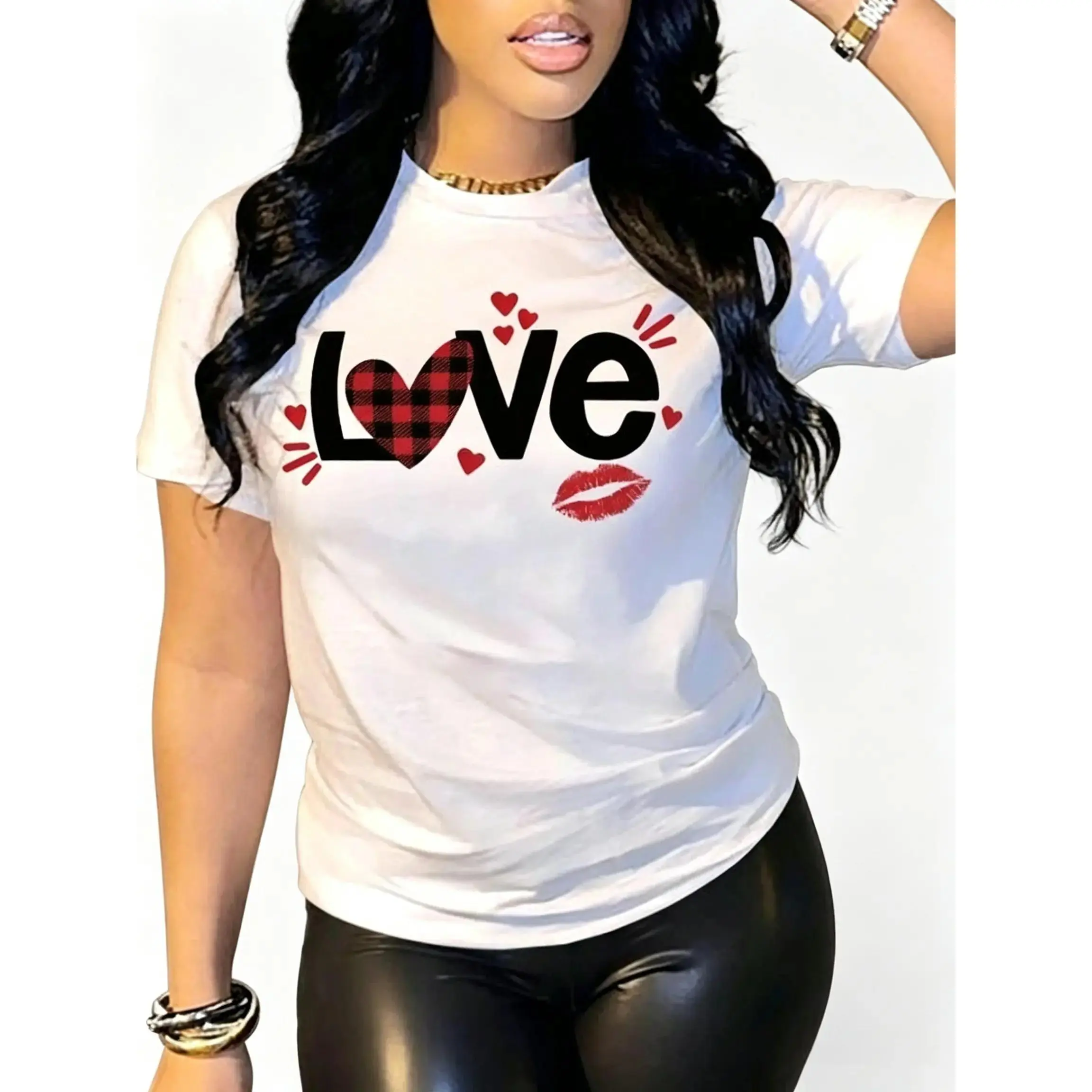 Women's Heart & Lip & Letter Print Round Neck Tee, Casual Short Sleeve Crew Neck T-shirt for Summer, Love Tshirt,Fashion Women's Top for Daily Wear, , Women's Clothes