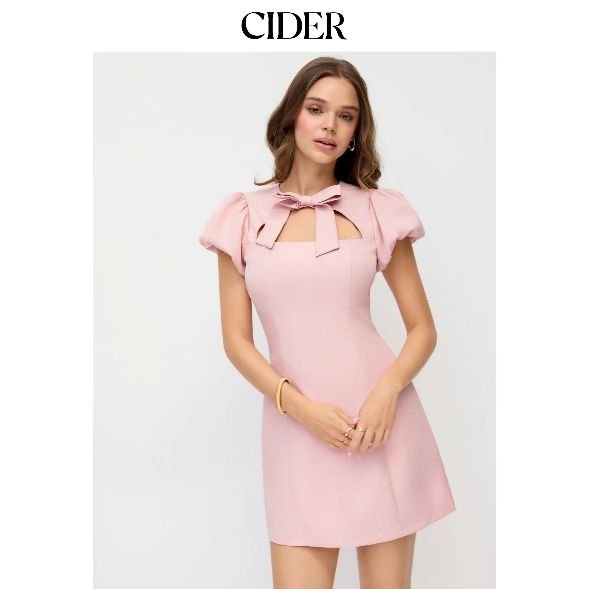 Cider Cut Out Bowknot Puff Sleeve A-line Mini Dress