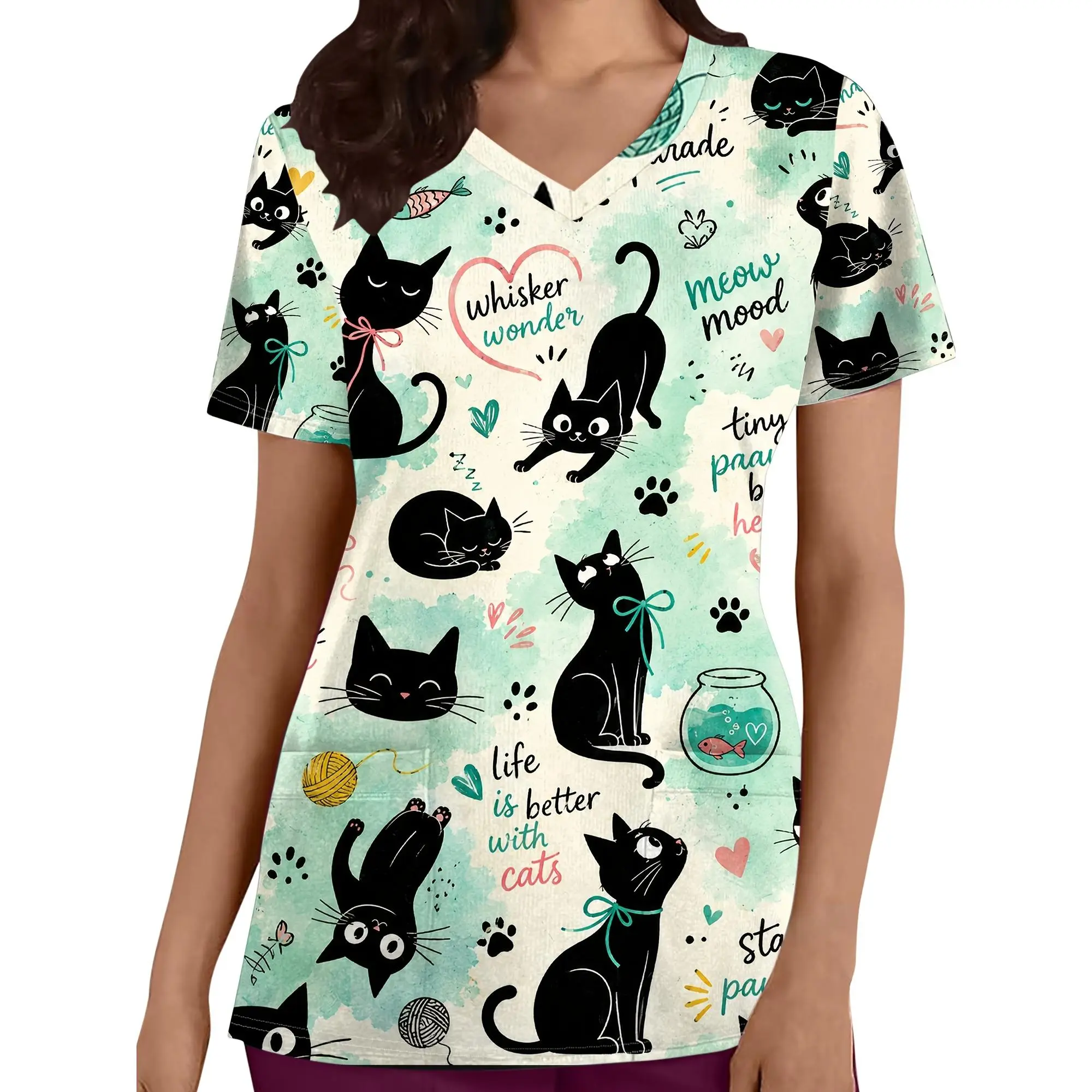 Women'S Scrub Top, Black Cartoon Cats And Whimsical Cat Phrases Print, All-Over Watercolor Style Cute Design, V-Neck Short Sleeve Work Shirt with Pockets, Breathable Soft Fabric, Perfect for Vet Clinic Nurses Cat Lovers Gift