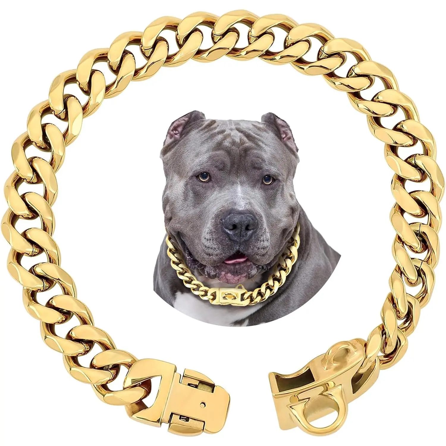 15MM Gold Stainless Steel Dog Collar with Cuban Link Chain Heavy Duty Chew Proof Training Collar for Dogs(20" Gold)