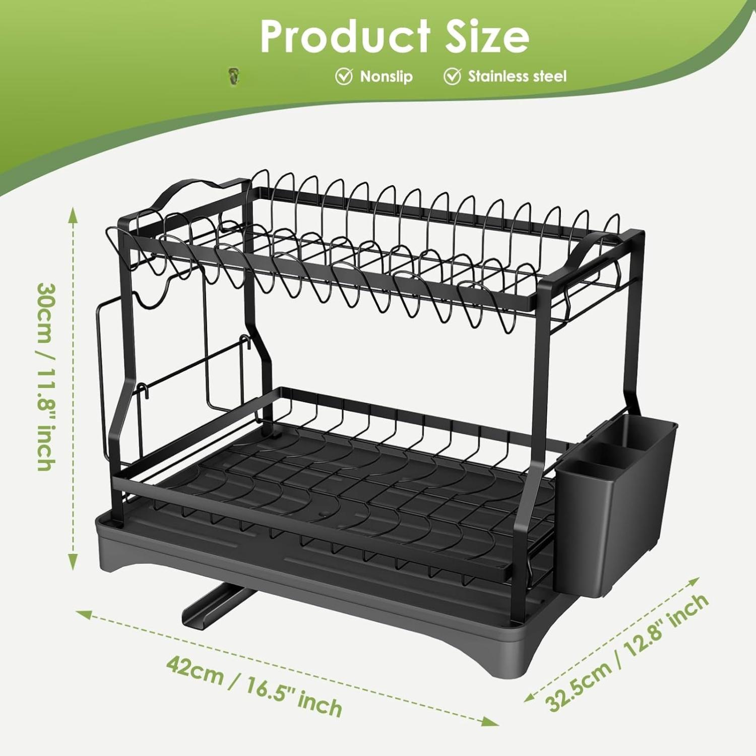 Dish Drying Rack, Dish Rack 2 Tiers for Kitchen Counter, Space-Saving Large Dish Rack with Drain Kitchen Organizer and Storage Rack with Drainboard, Screw-Free Mounting (Black)