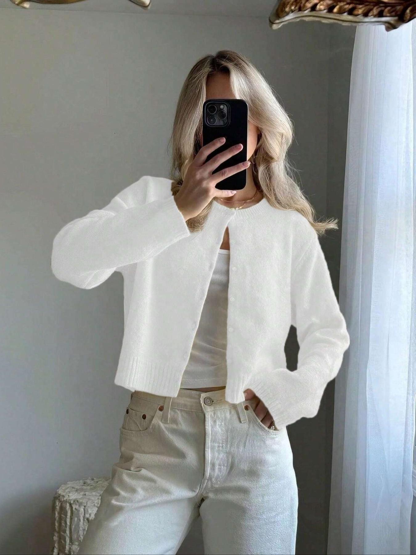 Women's Solid Color Button Front Cardigan, Casual Long Sleeve Knitwear for Spring & Fall, Fashion Women's Knit Clothing for Daily Wear