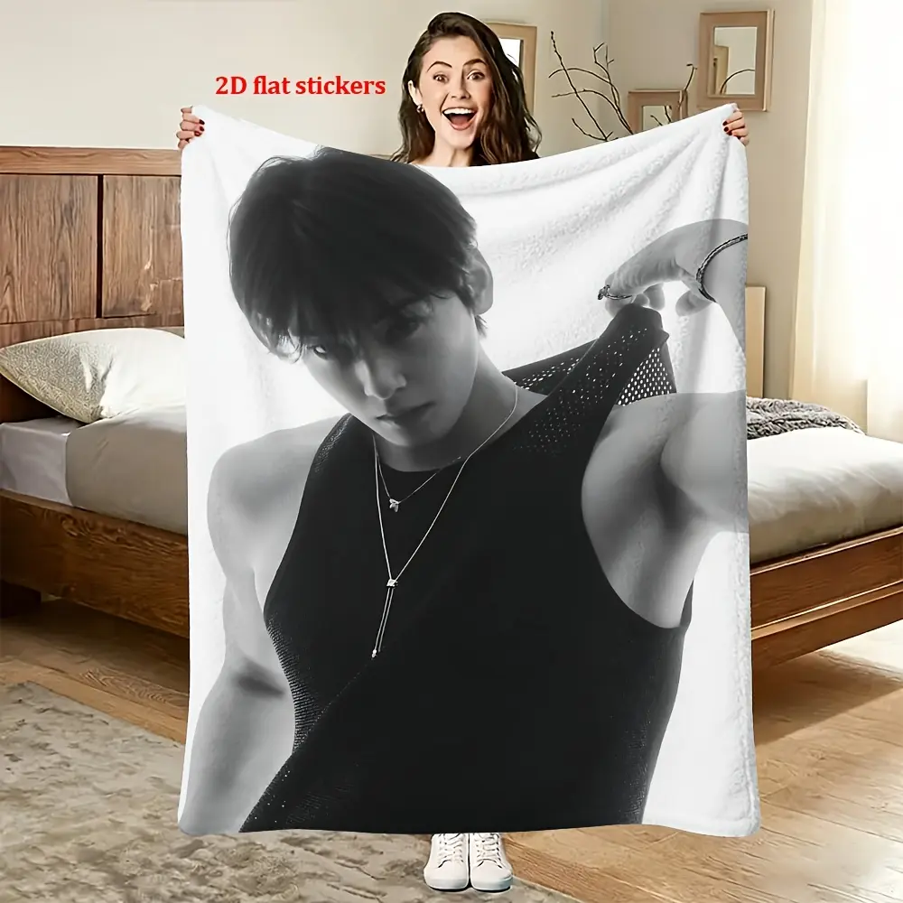 Cha Eunwoo Portrait Print Throw Blanket, Astro Kpop Fan Item, Soft Warm Wrinkle-Free Multi-Size Blanket, Black Tank Top & Black White Design, Indoor Use Room Decor for Sofa Bed