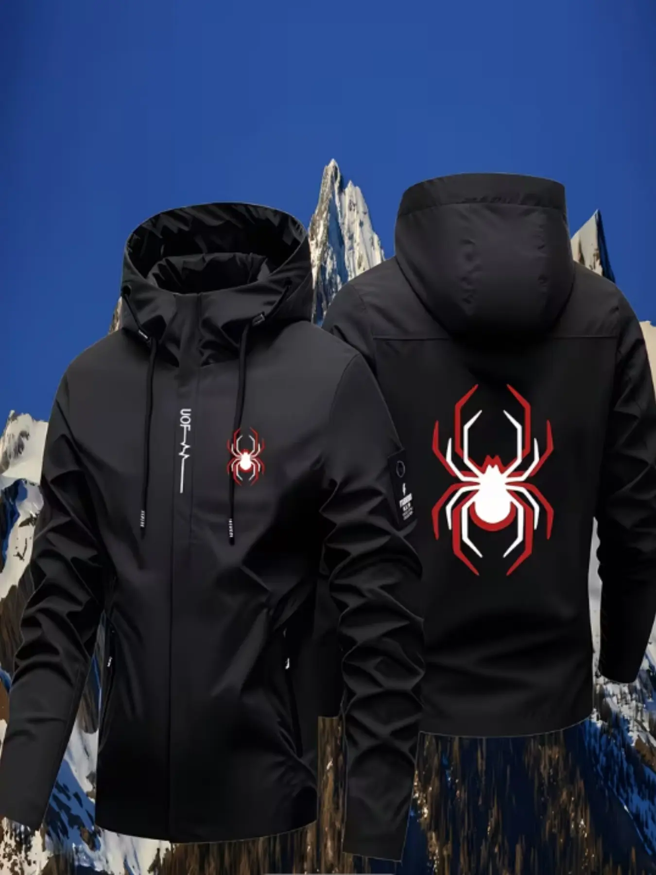 Spider Print Fall Winter New Couple Hooded Jacket, Windproof Outdoor Hiking Coat, Unisex High-Quality Stitching, Durable Fabric