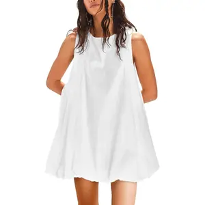 COCOMARTS Dress for Women Summer Casual Linen Mini Dresses Sleeveless Crew Neck Bubble Keyhole Tie Back Vacation Sundress