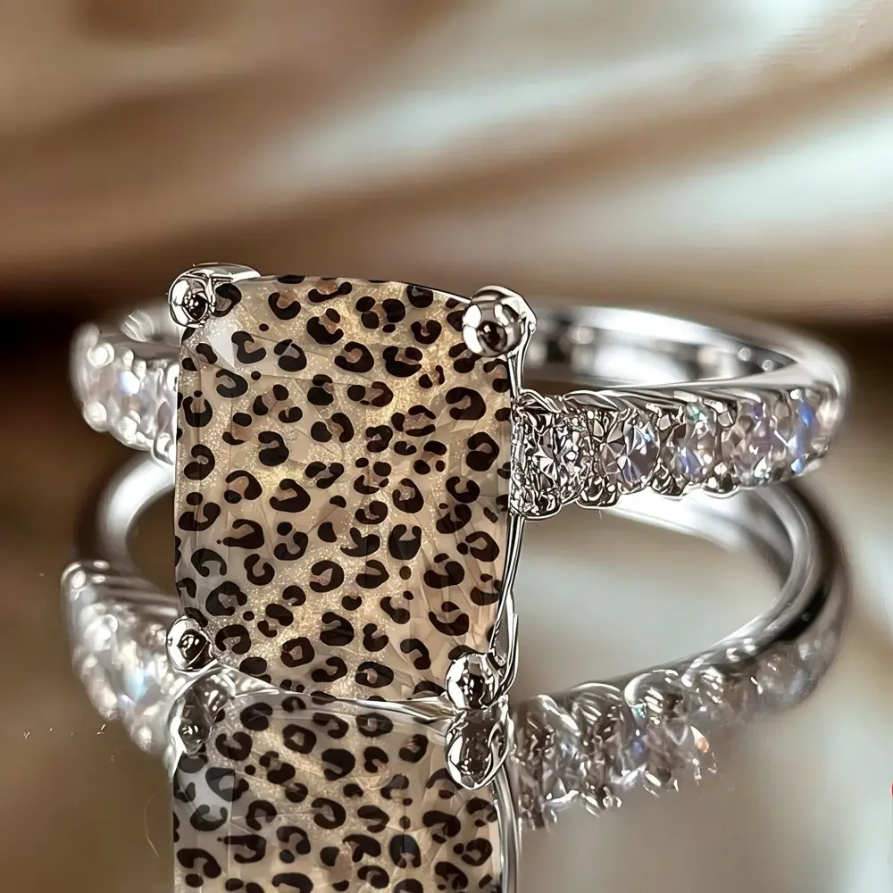 Square Leopard Print Pattern Inlaid Zircon Statement Ring, Trendy Animal Print Fashion Jewelry Gift for Women