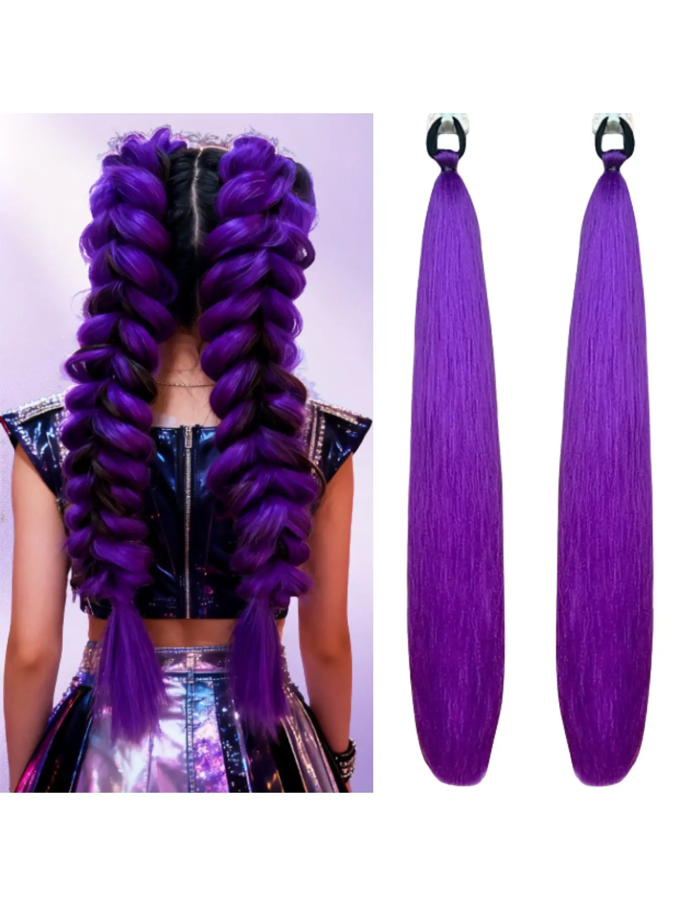 2 Pack Purple Ponytail Extension with Elastic Tie Straight Sleek Wrap Around Braid Ponytail 26 Inch (Purple#)