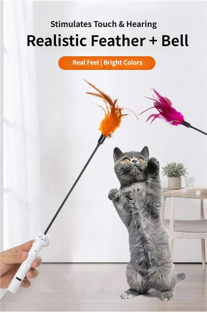 Multi-Function Cat Teaser Wand With Laser & Feather, Rechargeable Interactive Cat Toy With 5 Laser Patterns, Detachable Feather With Bell, Type-C Charging Wand For Indoor Cats, Daily Enrichment Play For Kittens & Adult Cats