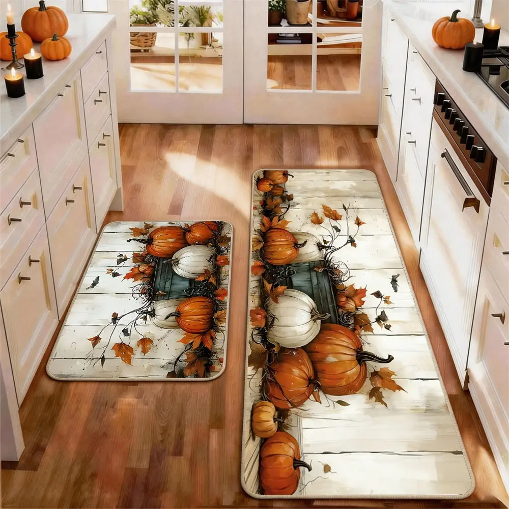 2pcs Thanksgiving Fall Kitchen Mat Gug Set with Pumpkin Maple leaves Pattern, Non-Slip Soft Low Profile,Floor Mat Set Farmhouse Kitchen Rug Dining Room Flooring Laundry Room Decor Carpet Mat, Decorative Rug Mat, Kitchen Floor Mats