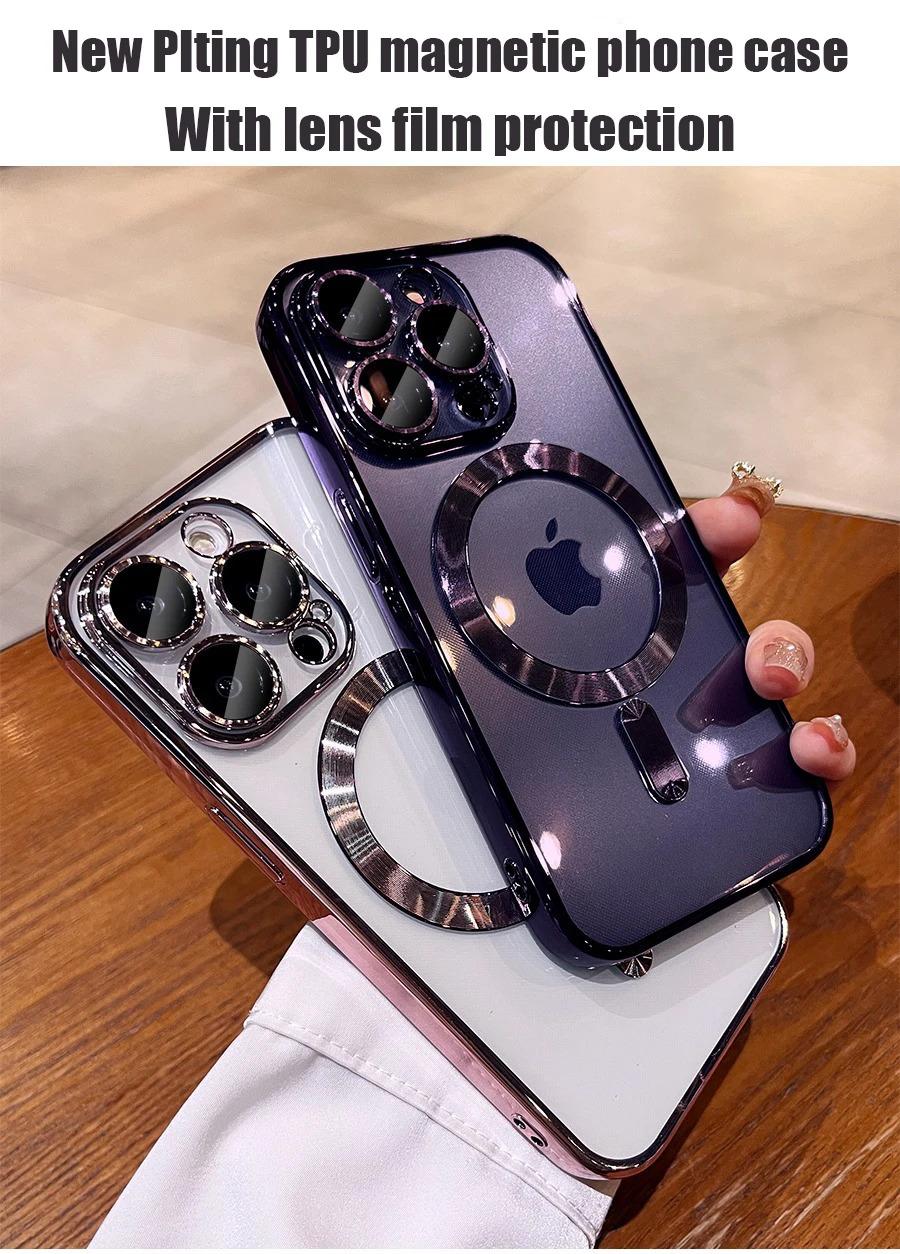 Plating Soft TPU Full Lens Protect Case for iPhone 17Air 17 16 15 14 13 12 11 Pro Max Plus Magsafe Compatible Clear Cover Shockproof Cellphone Protector Black