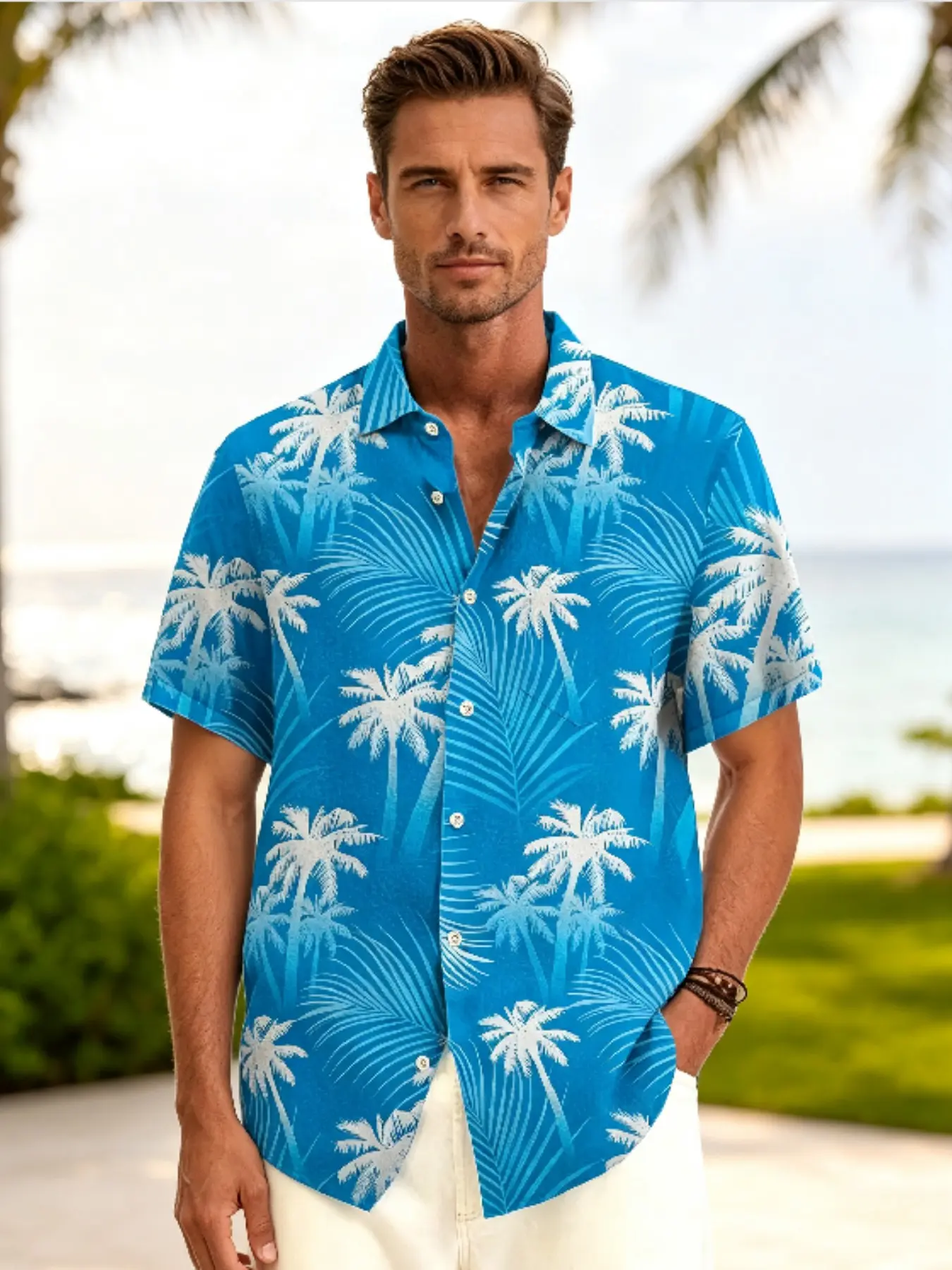 Men's Lapel Short Sleeve Hawaiian Shirt, Sublimation All Over White Coconut Palm Tree Print Button Down Loose Fit Blouse, Breathable Casual Beach Vacation Summer Top For Outdoor Travel Holiday