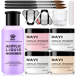 9Pcs Acrylic Nail Kit for Beginners, Includes 4 Colors Acrylic Powder (Pink, White, Clear, Nude), Professional Acrylic Liquid Monomer, Nail Brush, Nail Forms, Glass Cup