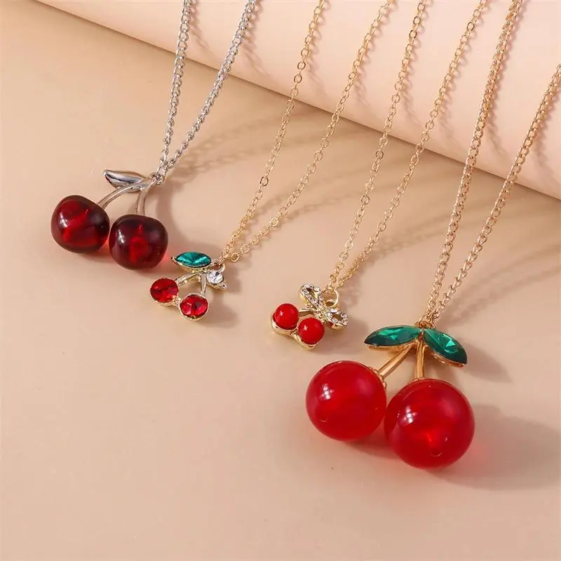 Fashion Red Cherry Pendant Necklace for Women Girls Party Festival Jewelry Decoration
