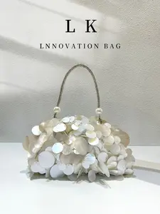 New Arrival Shell Sequin Dressy Handbag for Women, Fluffy Sequin Design, Detachable Rhinestone Handle, Pearl Decoration, Perfect for Formal Events