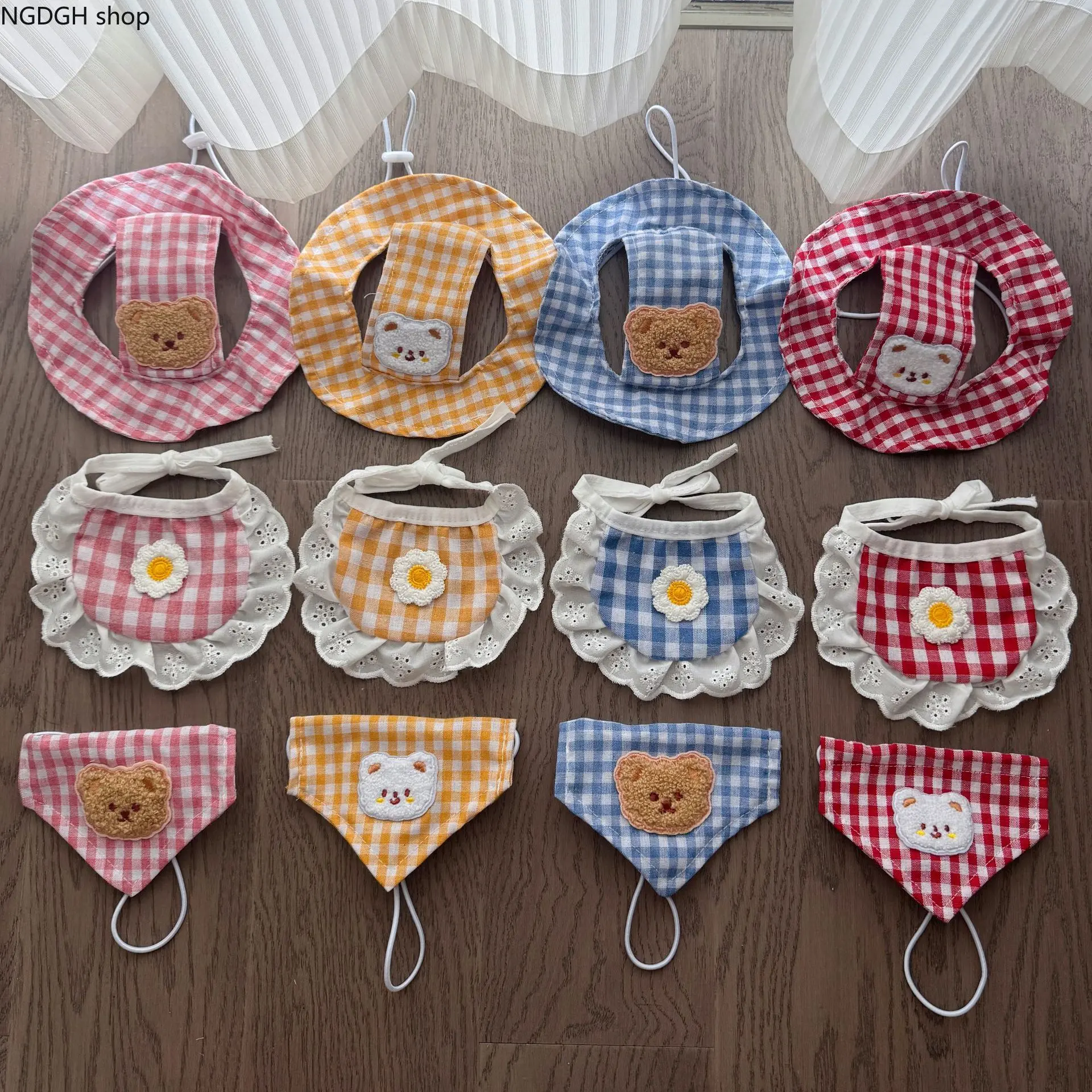 Boho Plaid Small Pet Accessory Kit - Adjustable Dog Sun Hat, Lace Ruffles Bib, Triangle Bandana with Bear Daisy Decor for Puppy Daily Wear, Photo Shooting, Plaid Pattern