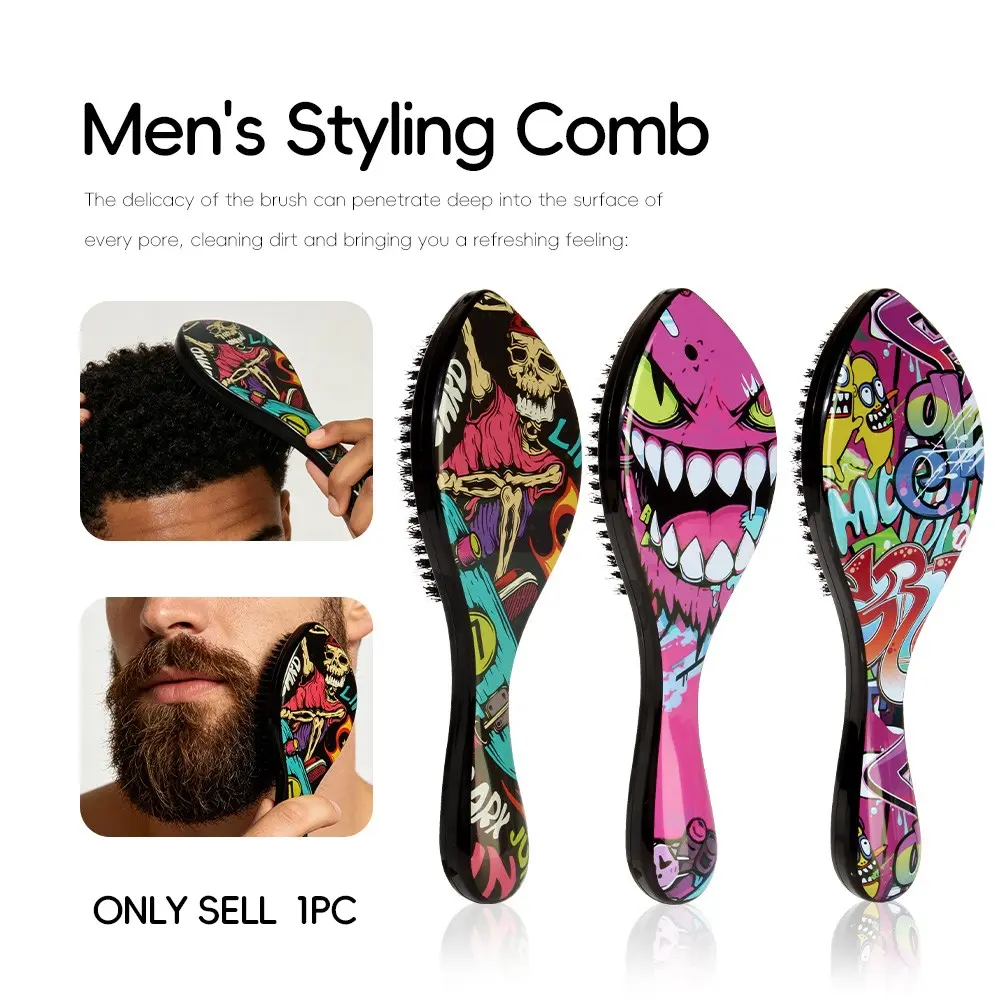 Graffiti Print Large Bent Boar Bristle Wave Brush, Ergonomic Handle, 360° Hair Styling Comb, Root Lifter, Barber Tool
