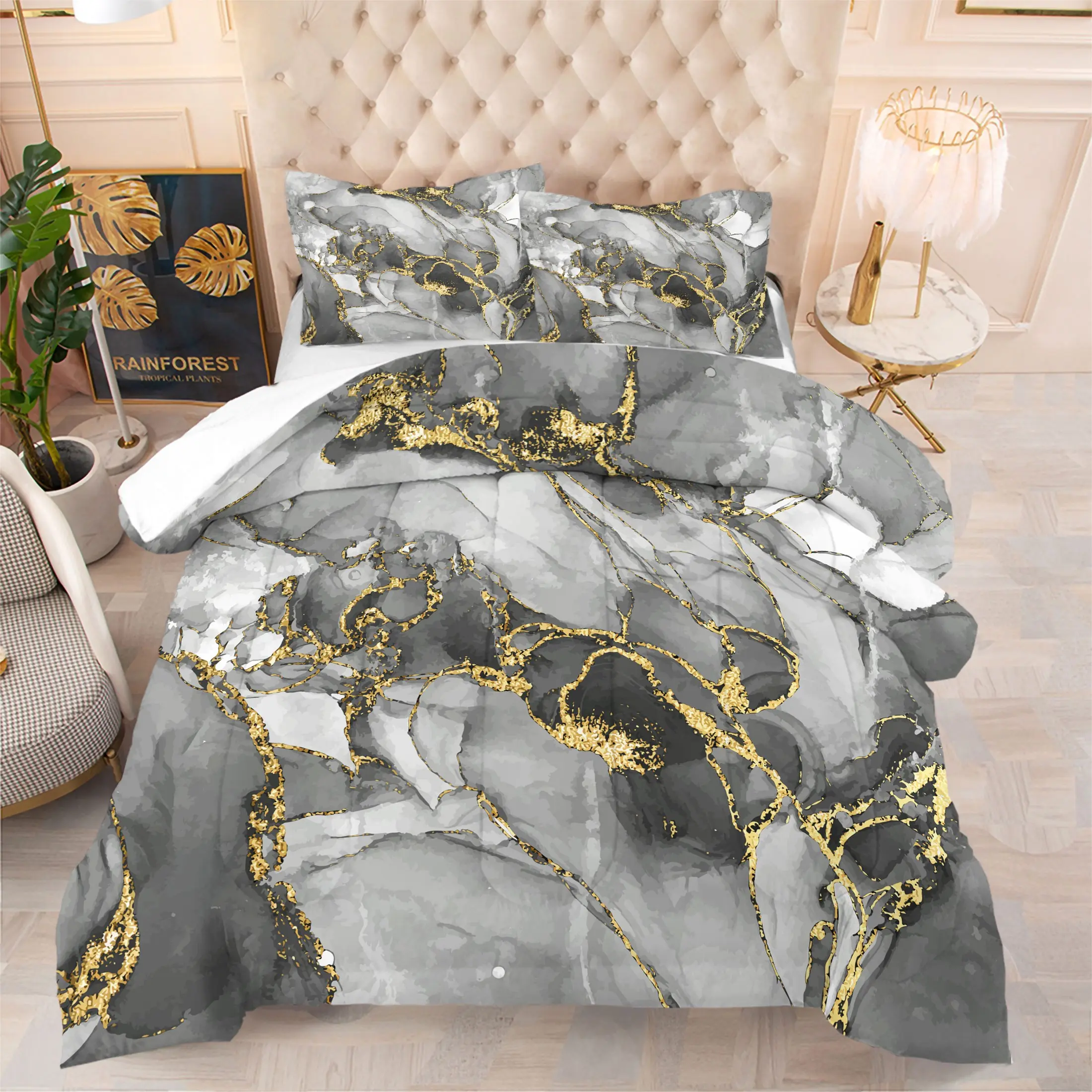 2/3PCS Elegant Gray Gold Marble Comforter Set, Modern Abstract Gold Foil Quilt, Soft Microfiber Bedding Set with Pillowcases, Luxury Aesthetic Room Decor Comforter for Bedroom, Gift for Women Men
