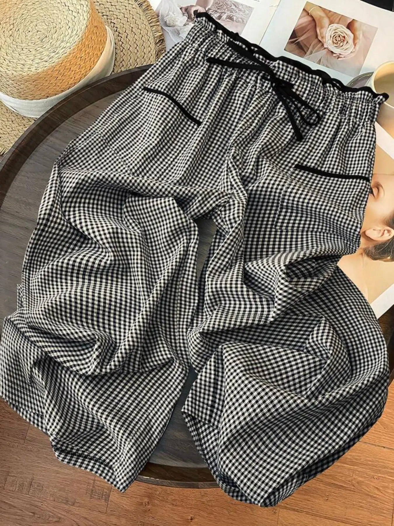 Women's High-Waisted Plaid Black And White Checkered Pattern Wide Leg Pants, All Season Trousers, Fine Grid Casual Straight Leg Long Pants, Elastic Waist Slimming Loose Fit, Oversized