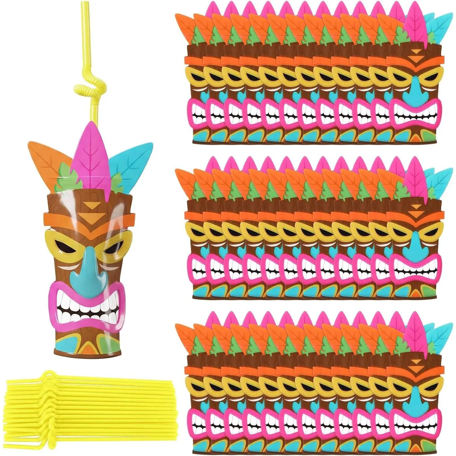 Yungyan 36 Set Tiki Party Cup Drink Pouches with Straws Zipper Smoothie Reclosable Bag Alcohol Pouches, Leakproof Drink Bags for Juice, Smoothies, Slushies for Tiki Tropical Luau Party Supplies