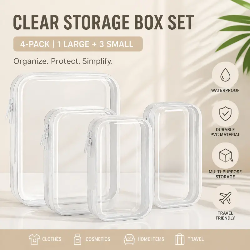 Transparent storage box, PVC plastic transparent storage container, used for tools and small items, women's makeup supplies, Cosmetic box, portable travel organizer set, jewelry box, toy storage box